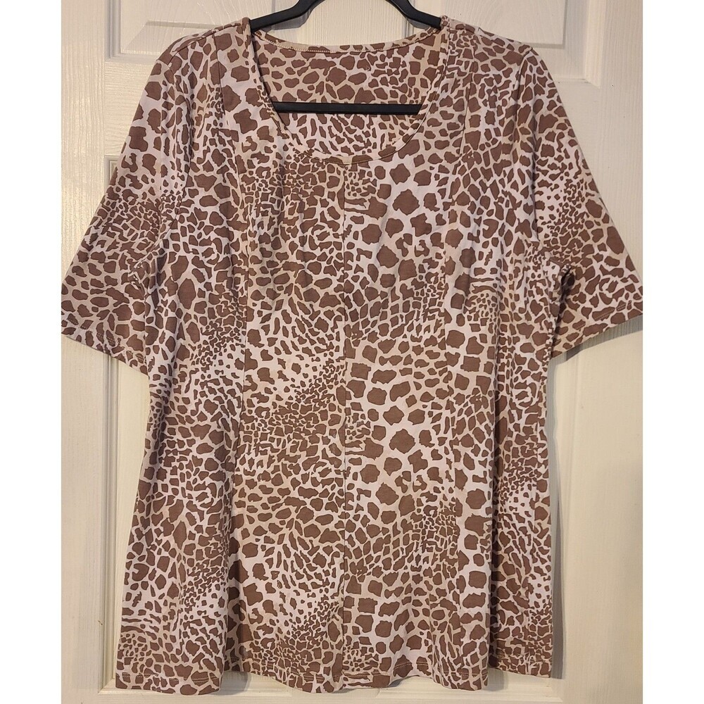 Denim & Co. Animal Print Tan & White Short Sleeve Stretch Fit & Flare Top Size L